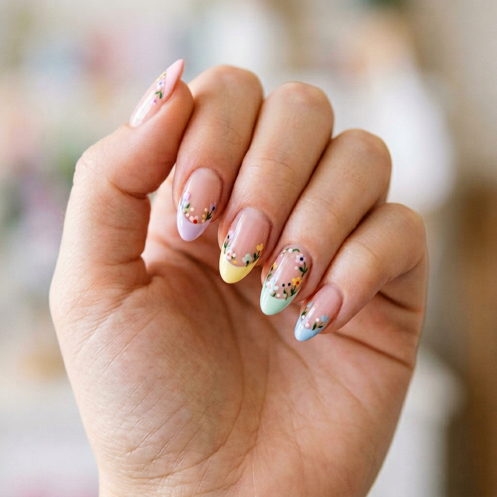 Pastel French tips featuring a delicate design of tiny flowers at the base of each nail, creating a soft and feminine look.