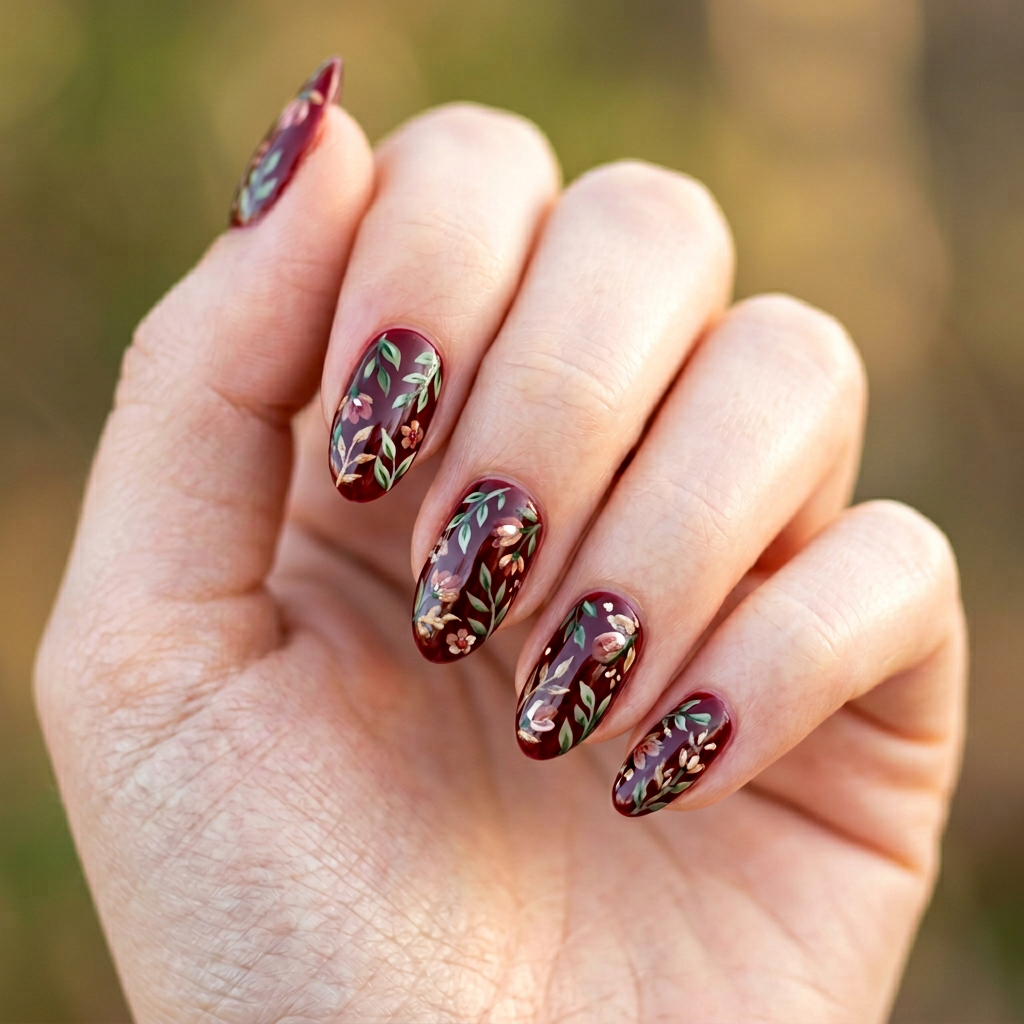 A nail art design featuring a deep red base with leafy green accents and subtle earthy tones. Add small floral elements to mimic the petals for a harmonious botanical theme.