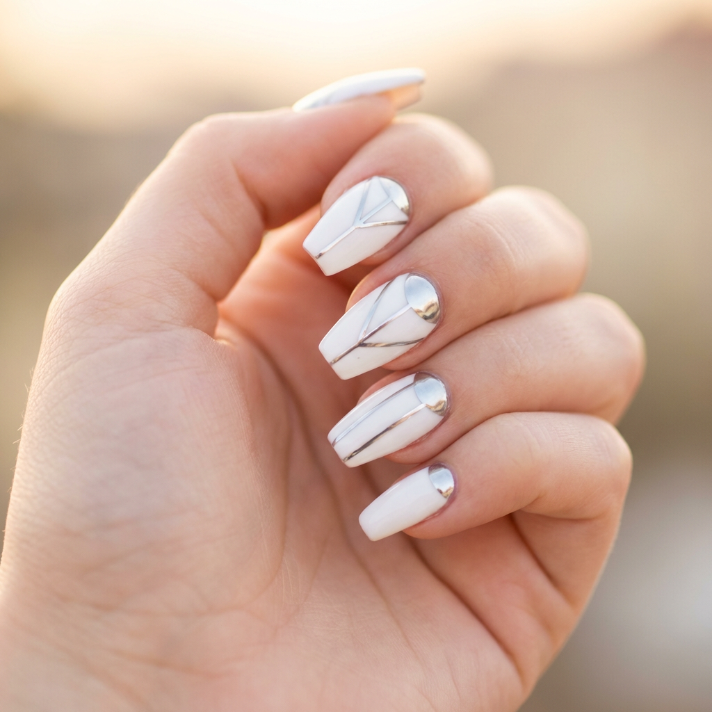 Nail art inspired by the sleek design of IQOS featuring a glossy white base with metallic silver accents. The nails are shaped in a modern coffin style, adorned with minimalist geometric patterns and a touch of chrome for a futuristic look.