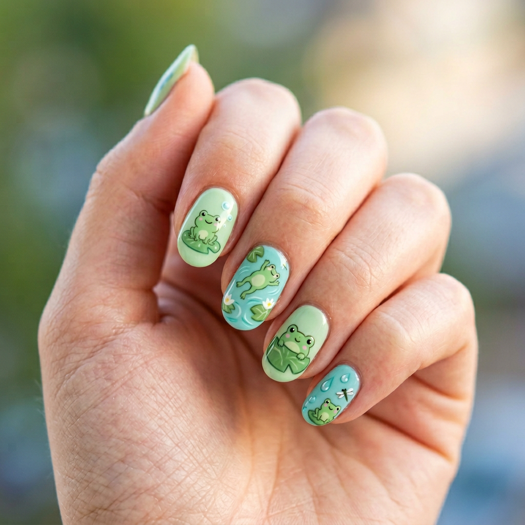 Create a playful nail art design featuring pastel green and turquoise hues with cartoonish frog motifs. Add subtle water ripple effects and lily pad accents to capture a whimsical and fresh vibe., minimal elegant style