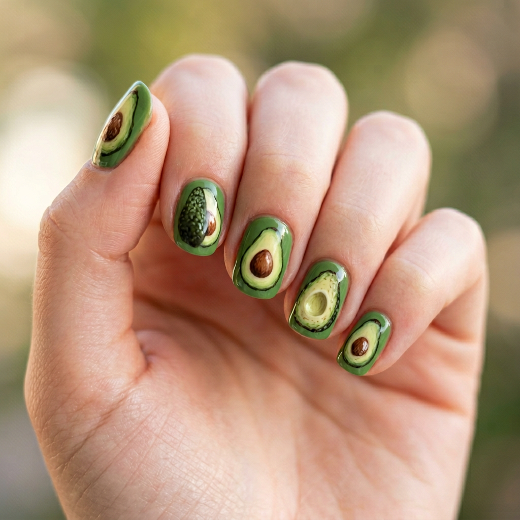 Avocado nail art featuring a vibrant green background with hand-painted avocado designs on each nail, showcasing the fruit's texture and color.