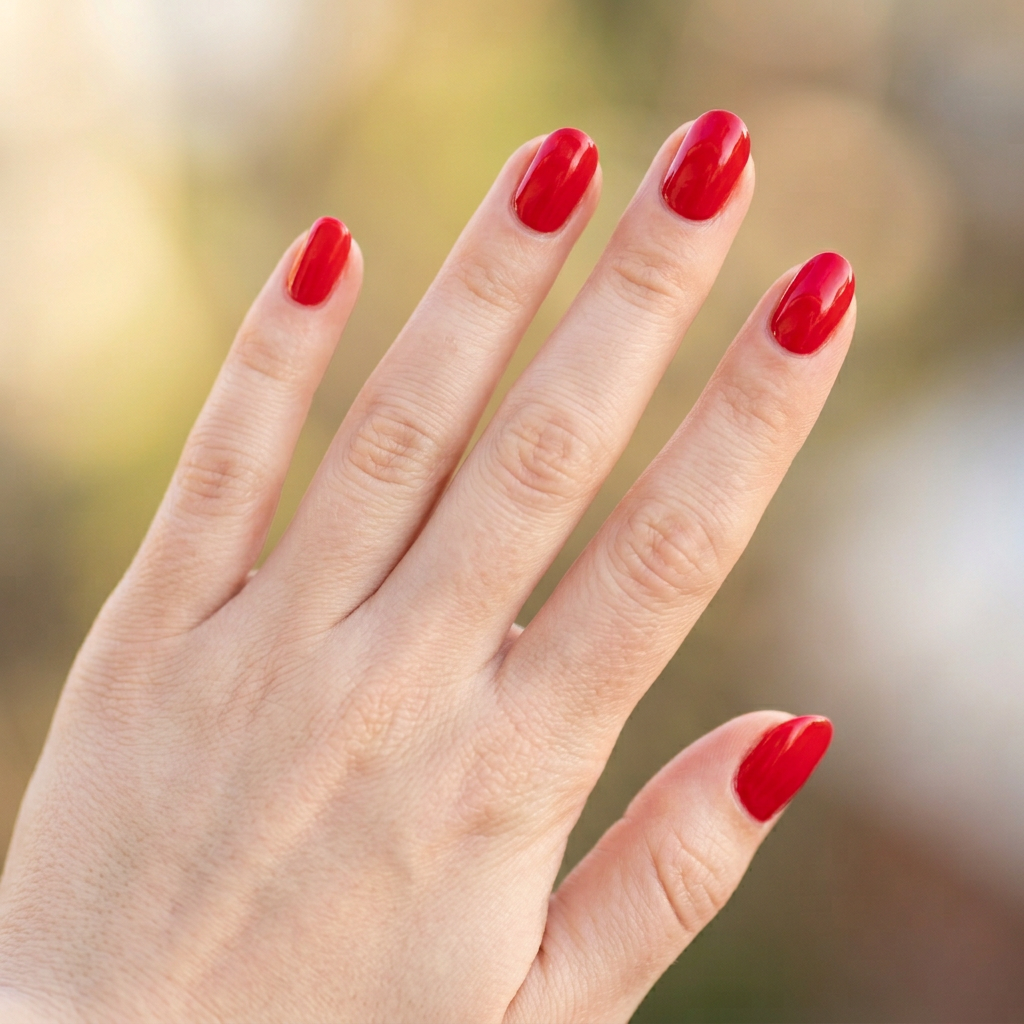 Glossy red nails with a high-shine finish, perfect for a bold and vibrant look.