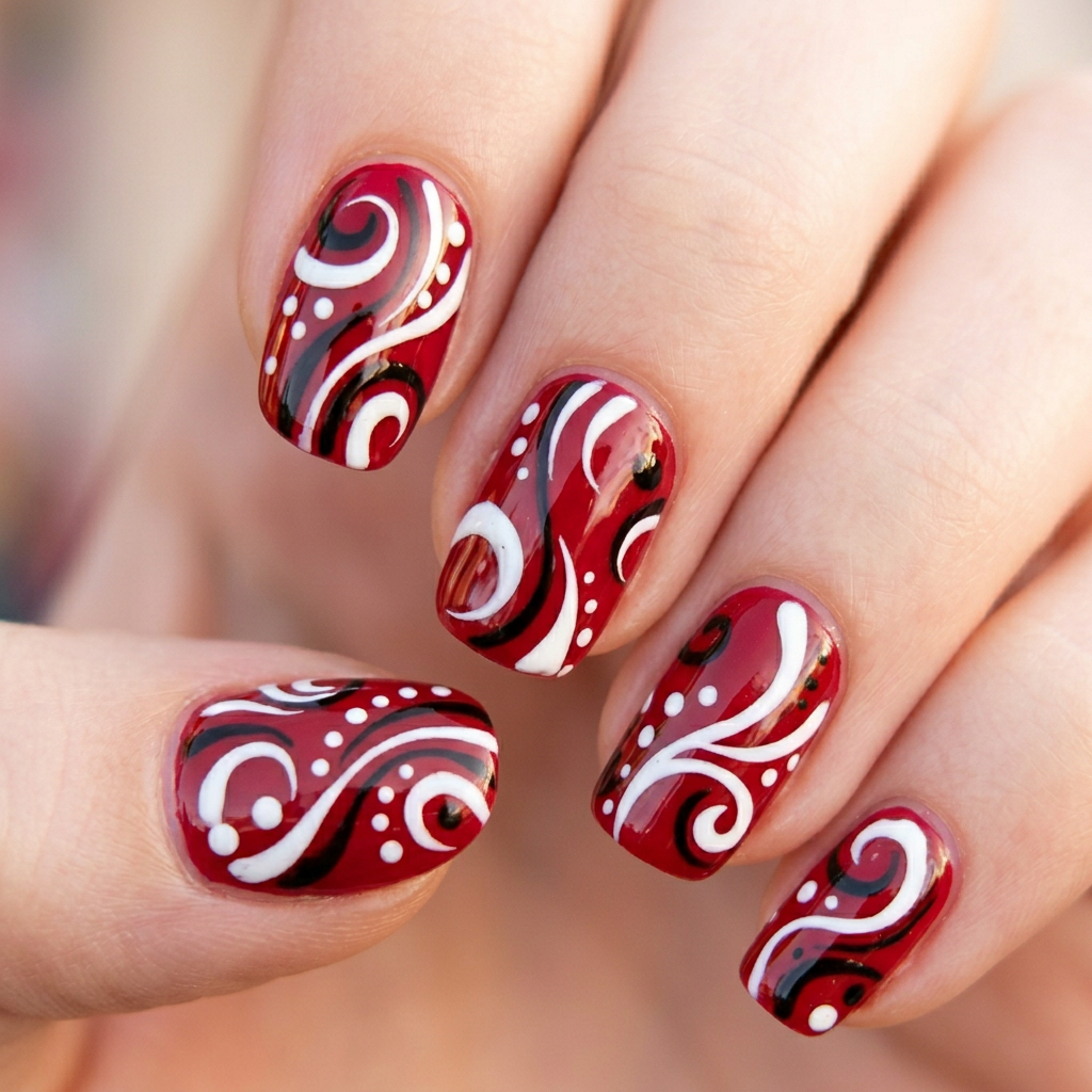 Create a nail art design featuring a classic red base with white and black accents. Incorporate retro elements such as swirls or polka dots, evocative of vintage branding. Add a glossy top coat for a sleek and polished finish, ideal for a casual yet stylish look., minimal elegant style
