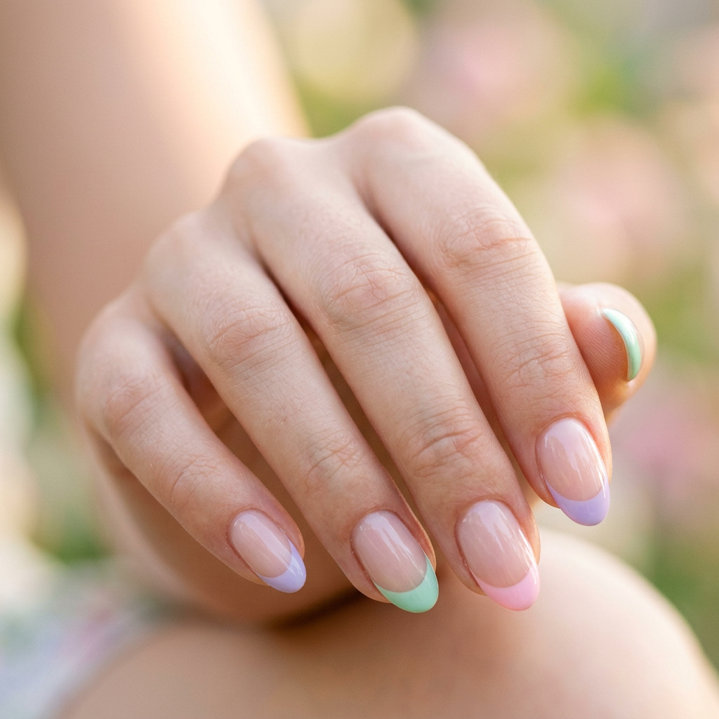 A pastel French tip design featuring soft shades like lavender, mint green, and baby pink, with a glossy finish on a natural nail base.