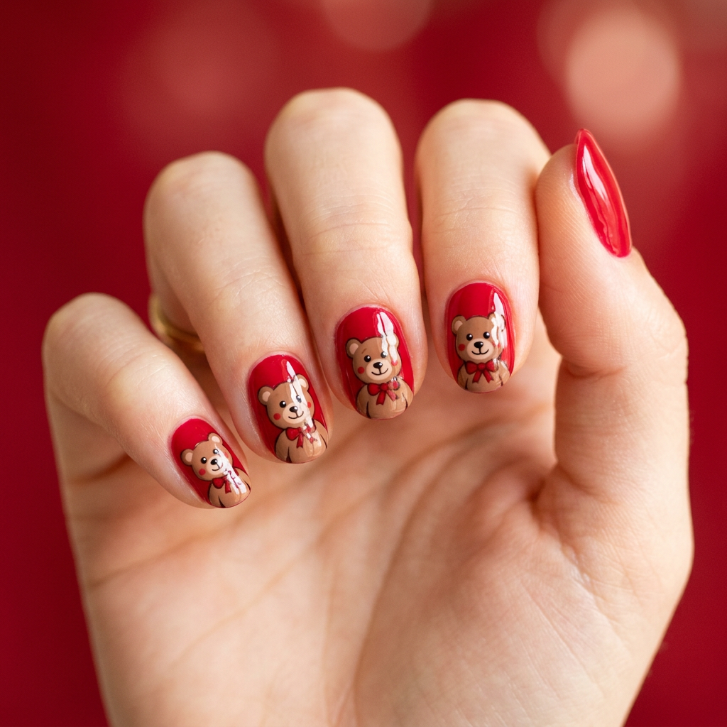 A vibrant red nail design featuring a cute teddy bear motif, with the bear painted in a cartoonish style on a glossy finish. The background is a solid red, enhancing the playful theme.