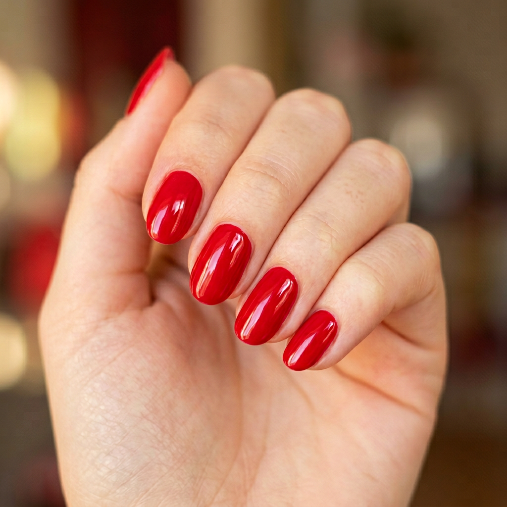 Glossy red nails with a high-shine finish, perfect for a bold and vibrant look.