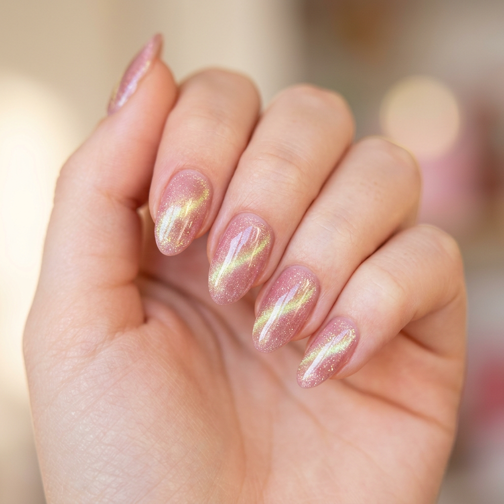 Cat eye design on a soft pink background, featuring glossy finish and intricate details to mimic the feline eyes.