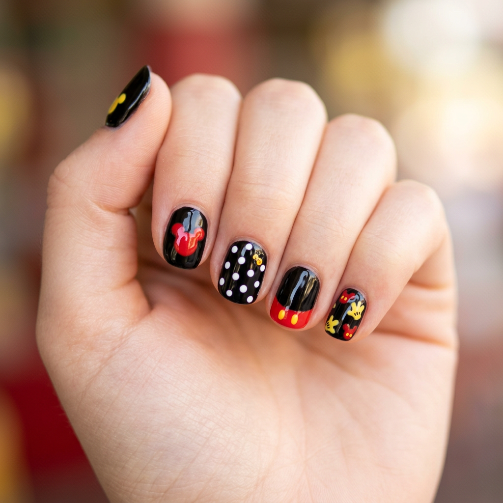 Mickey Mouse-inspired nail art featuring a glossy black base with red and yellow accents. Each nail showcases a different design, including Mickey's iconic ears, polka dots, and a playful red French tip.