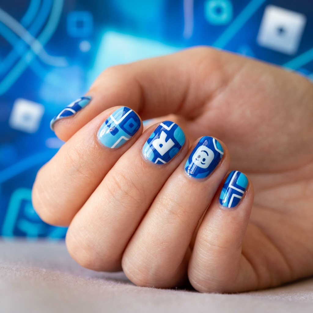 A blue background with abstract line designs, featuring a Roblox theme. The nails are painted in a glossy finish, with a mix of blue shades and white lines creating a playful and modern look.