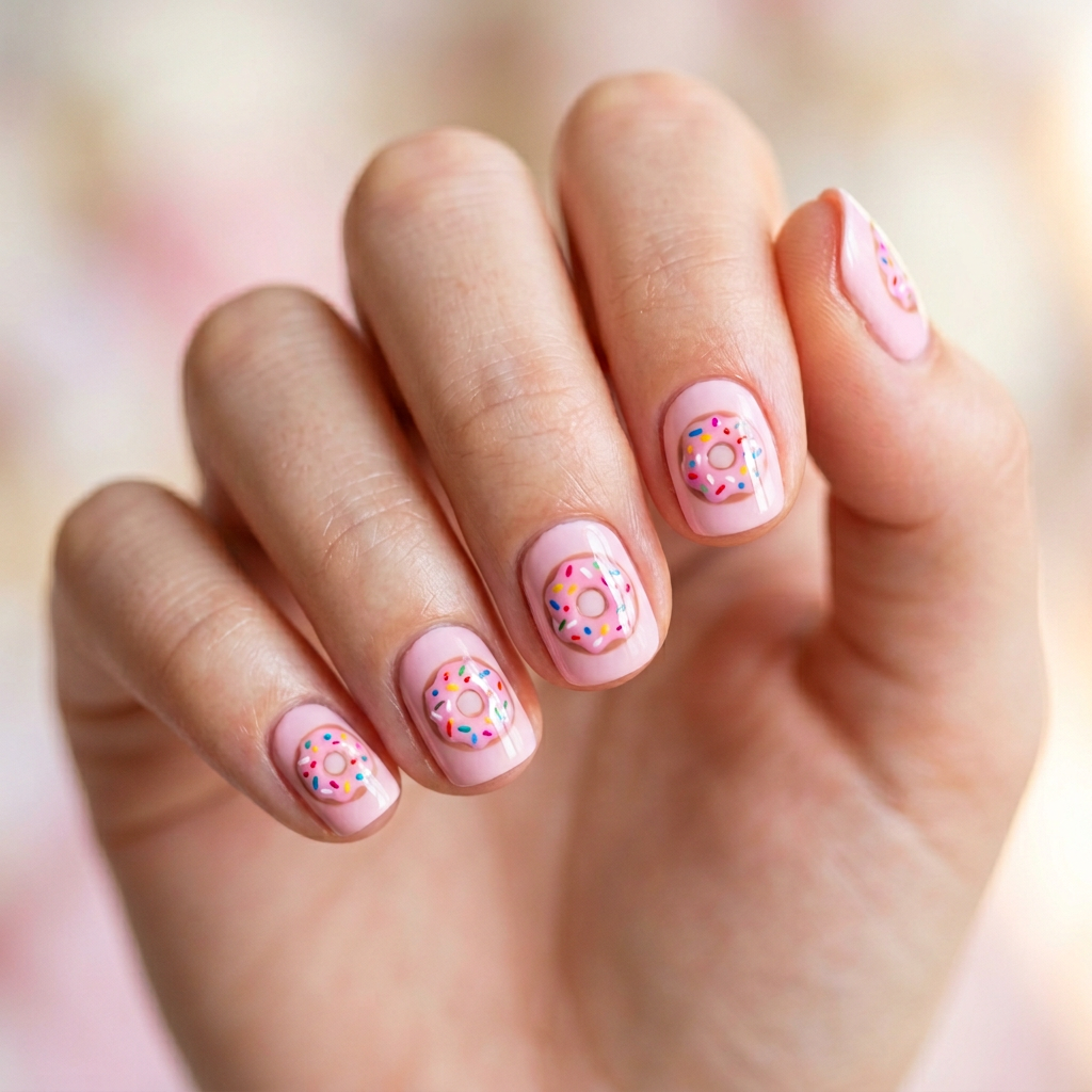 Create a playful nail art design featuring a pink donut with colorful sprinkles. Use a soft pink base for the nails, accented with tiny donuts and vibrant, multicolored sprinkles on each finger to capture a whimsical and fun vibe., minimal elegant style
