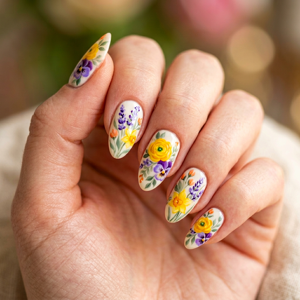 Create a nail art design featuring bold yellow and purple florals, with accents of soft green and hints of orange to reflect a vibrant spring bouquet., minimal elegant style