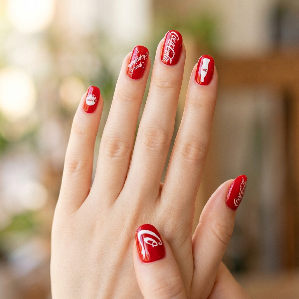 A vibrant red nail design featuring a glossy finish, with intricate Coca-Cola logo patterns hand-painted on each nail for a fun and playful look.