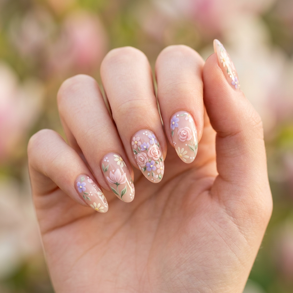 Delicate floral nail art featuring hand-painted flowers in soft pastel colors on a nude base, with glossy finish and subtle green leaves for a fresh, spring-inspired look.