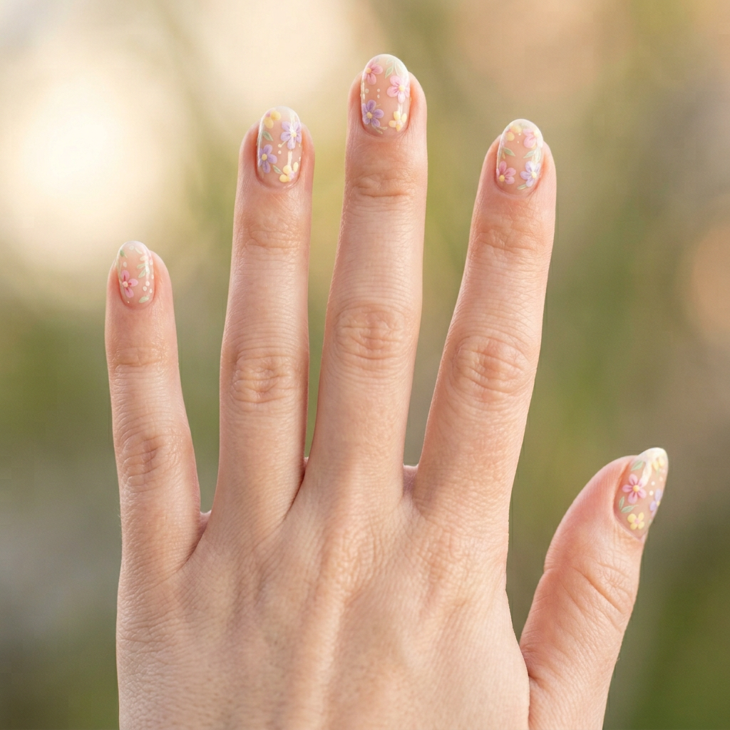 Delicate floral nail art featuring hand-painted flowers in soft pastel colors on a nude base, with glossy finish and subtle green leaves for a fresh, spring-inspired look.