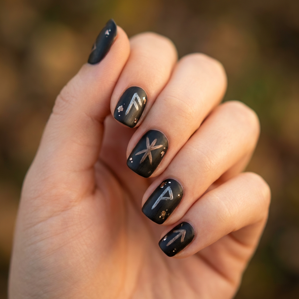 Rune-inspired nail art featuring intricate symbols and designs in a matte black finish, with silver or gold accents to highlight the runes.