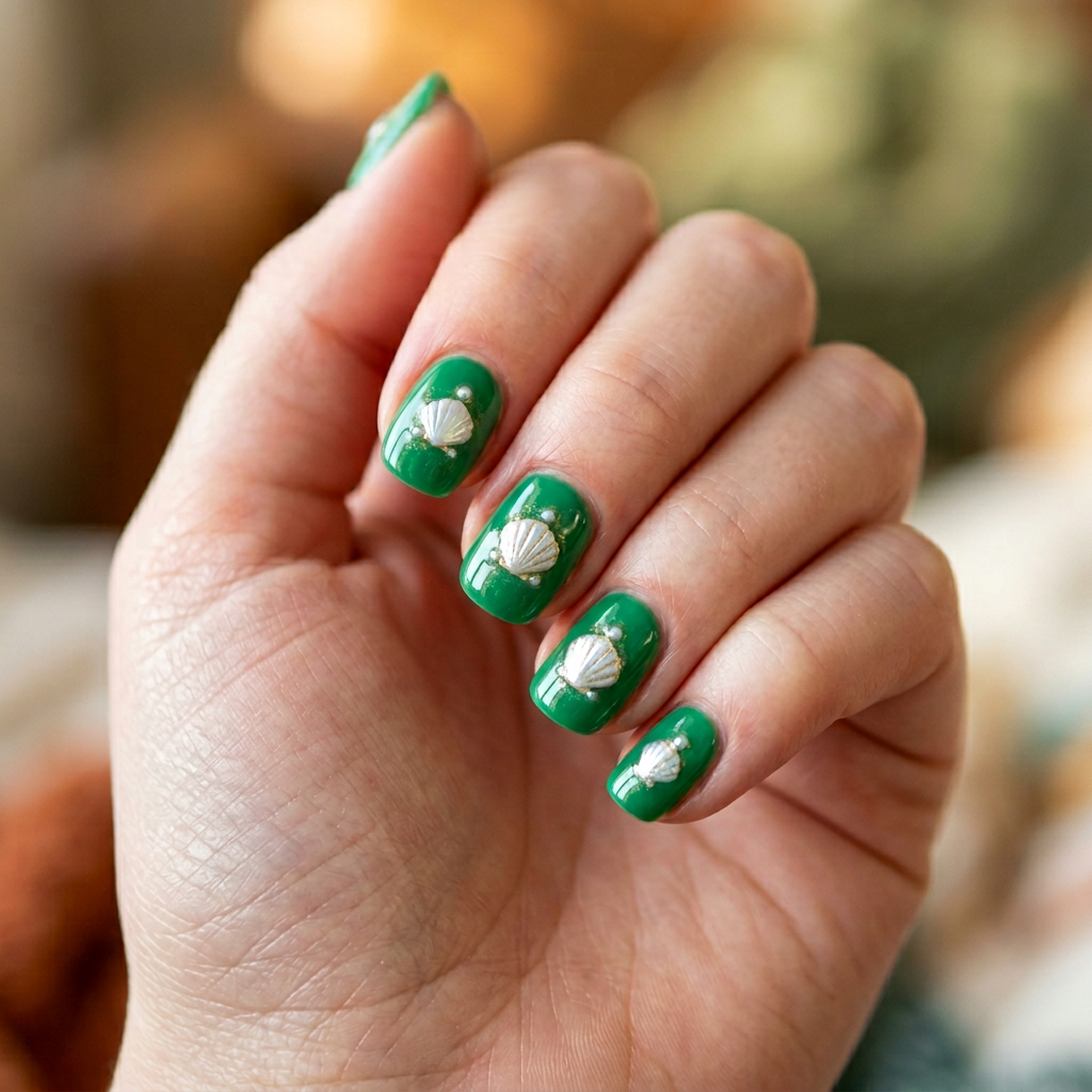 Emerald green nails featuring a shell design, with a glossy finish to enhance the vibrant background.