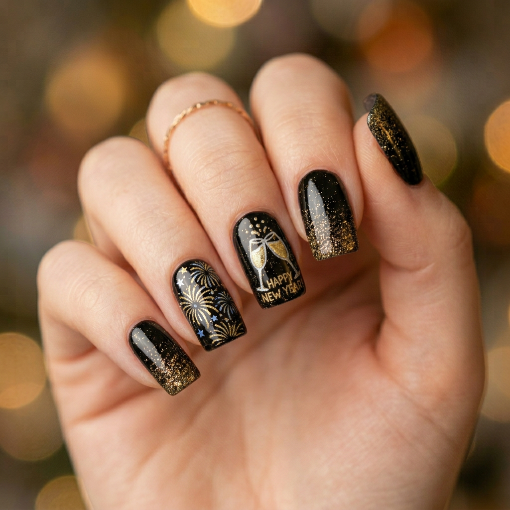 Square-shaped nails with a glossy black base, adorned with gold glitter accents. A festive New Year theme is showcased through hand-painted tiny champagne glasses and fireworks on select accent nails, all in medium length.