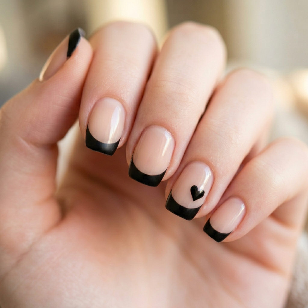 Black French tips with a small black heart on one nail.