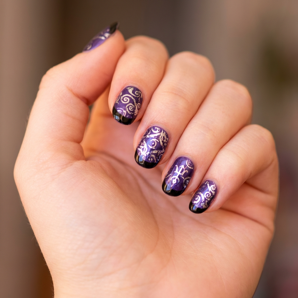 Nails inspired by Yennefer from The Witcher: Wild Hunt, featuring a deep purple base with intricate silver foil accents, and glossy black tips. The design incorporates elegant swirls and mystical symbols for a magical touch.