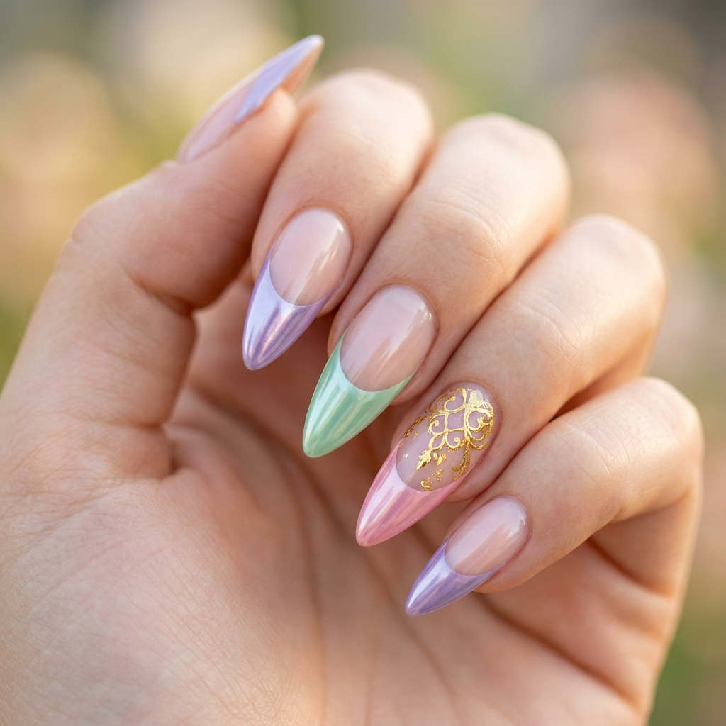 A stiletto nail design featuring chrome pastel French tips in soft shades of lavender, mint green, and baby pink, with gold accents on the ring finger, all set on a natural nail base.