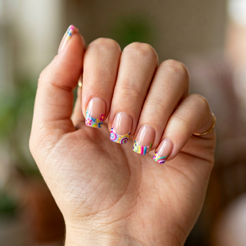 Square-shaped French tips featuring a unique and playful design that showcases vibrant colors and intricate patterns, creating a fun and whimsical look.