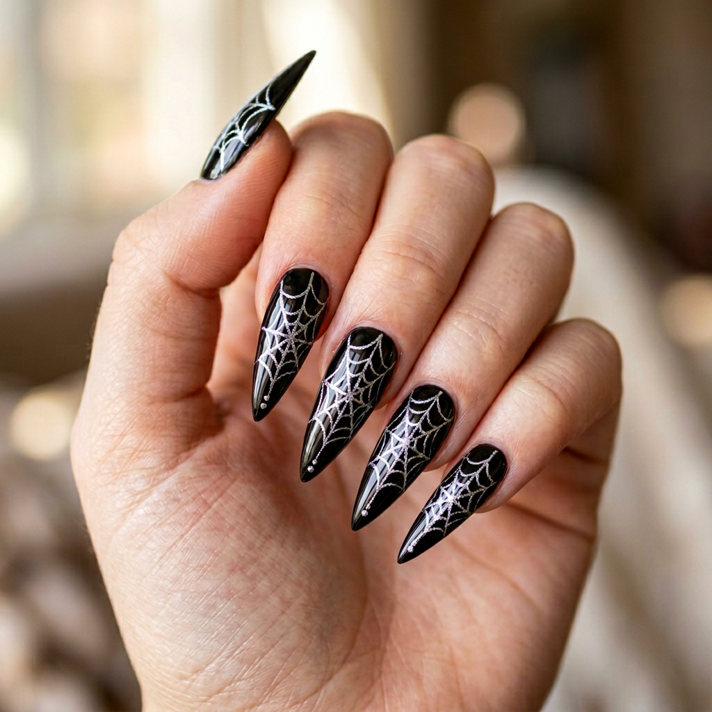Super long witch-inspired nails featuring a glossy black finish with intricate silver spider web designs and pointed stiletto shapes.
