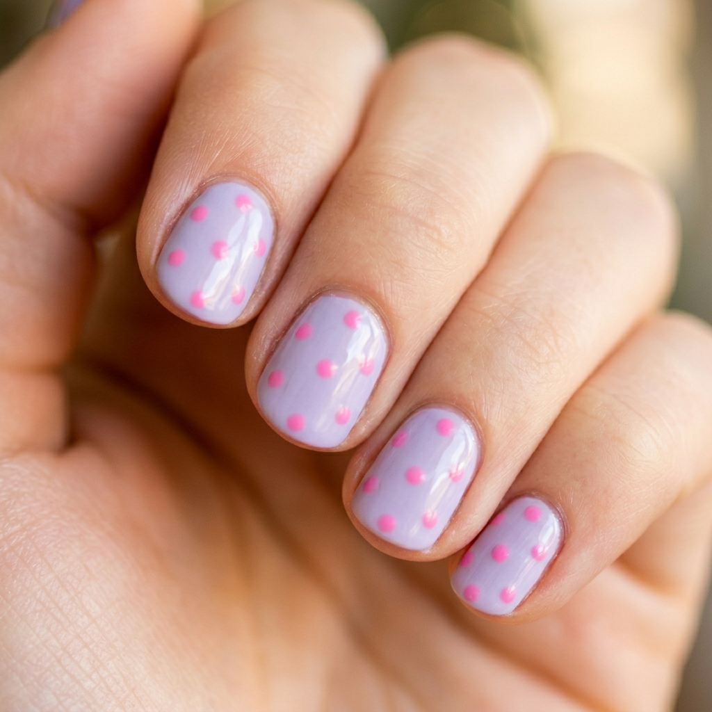 A playful design featuring a light purple base with pink dots scattered across the nails, creating a fun and whimsical look.