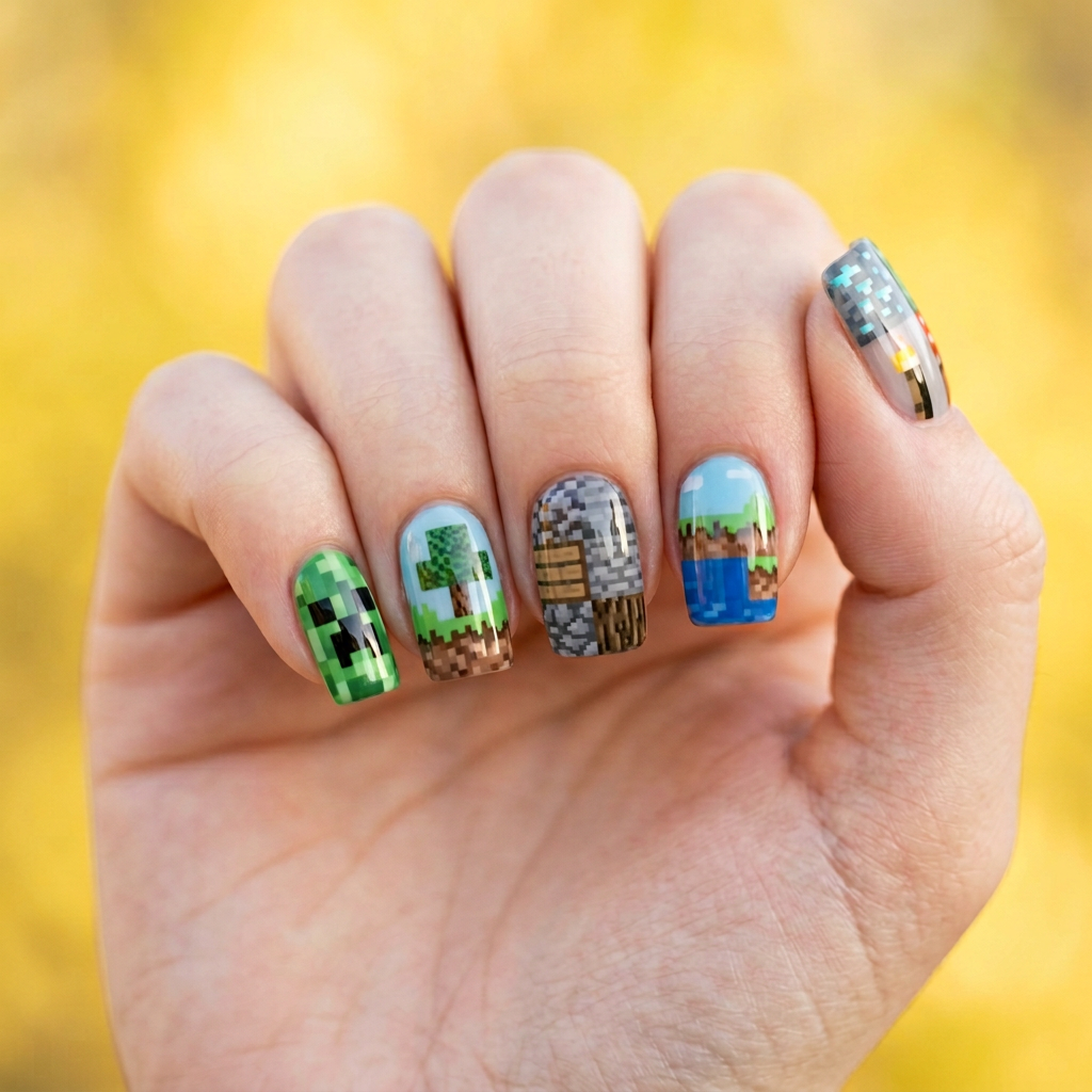 Nails featuring a Minecraft-inspired design with pixelated patterns in various shades of green and brown, set against a bright yellow background. The nails are shaped in a square style with a glossy finish.