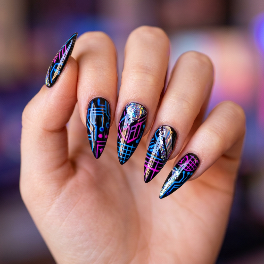 A cyberpunk-inspired nail design featuring a glossy black base with neon blue and pink geometric patterns. Accents of chrome foil and holographic glitter add a futuristic touch, while the nails are shaped in a sharp stiletto style.