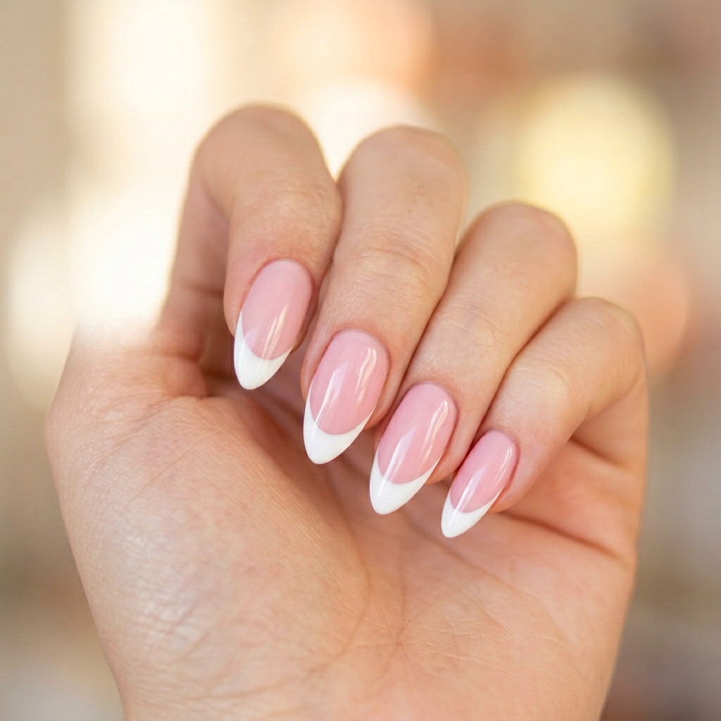 Classic pink French tips featuring a soft pastel pink base with a glossy white tip, elegantly shaped in an almond style.
