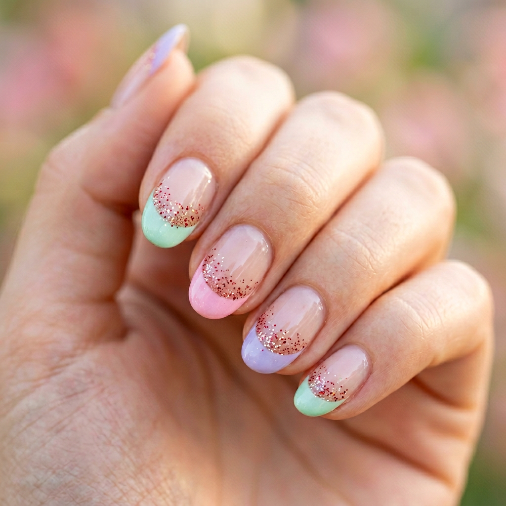 A pastel French tip design featuring soft shades of lavender, mint green, and baby pink, with a glossy finish on a natural nail base. The tips are accented with red and gold glitter for a sparkling touch.