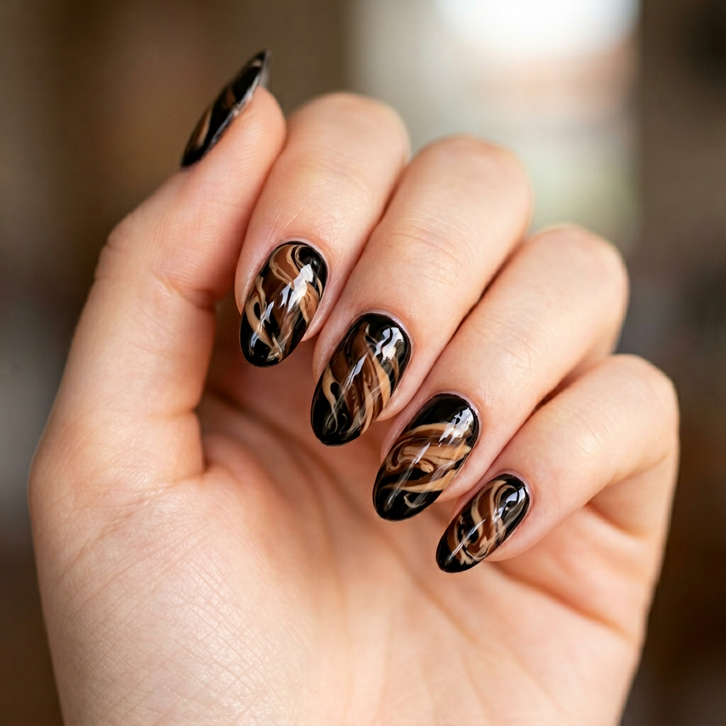 A black nail design featuring a glossy finish with Nutella-inspired brown swirls and accents, creating a rich and indulgent look.