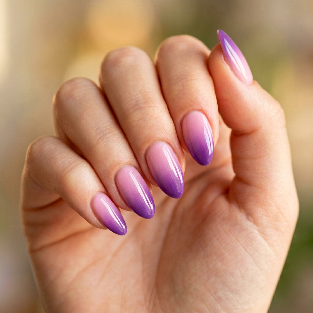 Create a stunning ombre design featuring a smooth gradient transition from soft pink at the base to deep purple at the tips, finished with a glossy top coat for a vibrant shine.