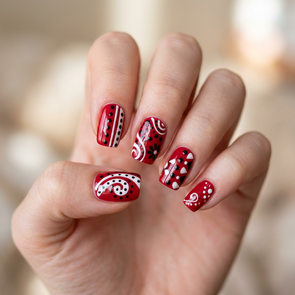 Create a nail art design featuring a classic red base with white and black accents. Incorporate retro elements such as swirls or polka dots, evocative of vintage branding. Add a glossy top coat for a sleek and polished finish, ideal for a casual yet stylish look.