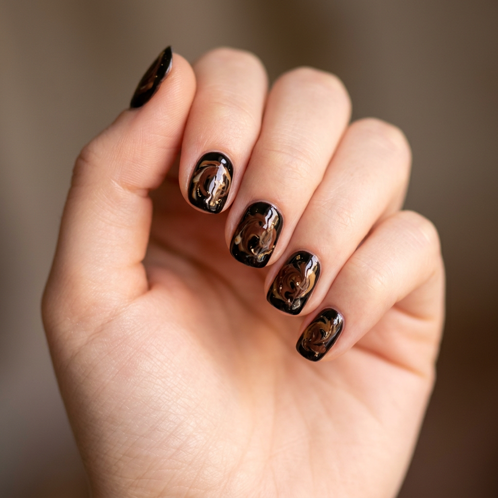 A black nail design featuring a glossy finish with Nutella-inspired brown swirls and accents, creating a rich and indulgent look.