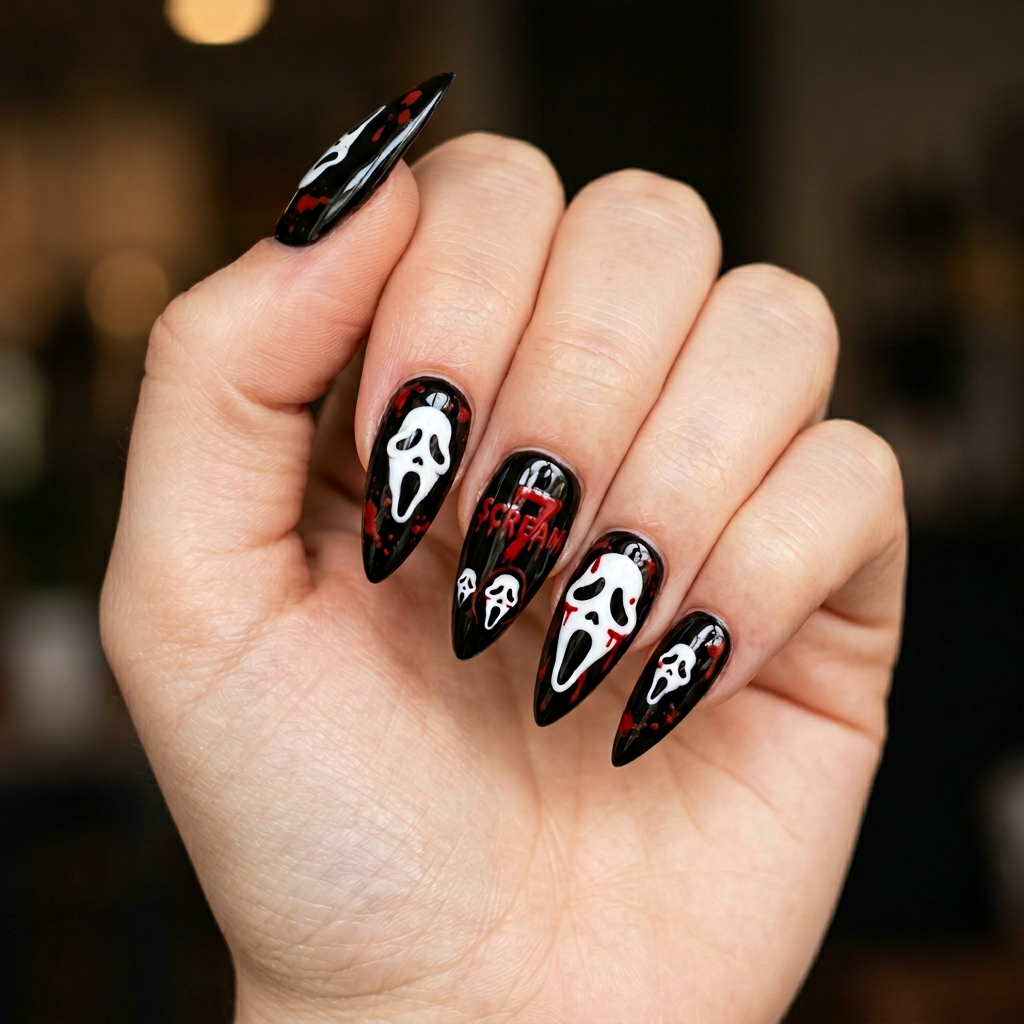 Create a nail art design inspired by the horror theme of Scream 7, featuring a glossy black base with sharp stiletto shapes, accented by white ghost face silhouettes and blood-red splatters for a dramatic effect.