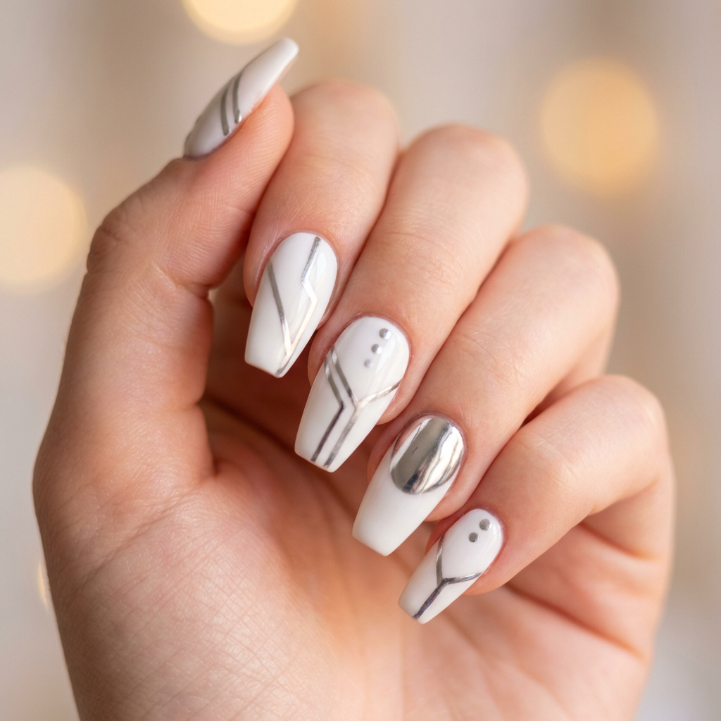 Nail art inspired by the sleek design of IQOS featuring a glossy white base with metallic silver accents. The nails are shaped in a modern coffin style, adorned with minimalist geometric patterns and a touch of chrome for a futuristic look.