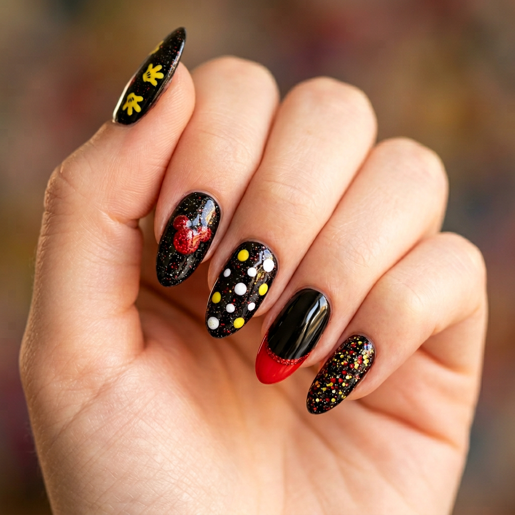 Mickey Mouse-inspired nail art featuring a glossy black base with red and yellow accents. Each almond-shaped nail showcases a different design, including Mickey's iconic ears, playful polka dots, and a vibrant red French tip, all adorned with a glitter finish.