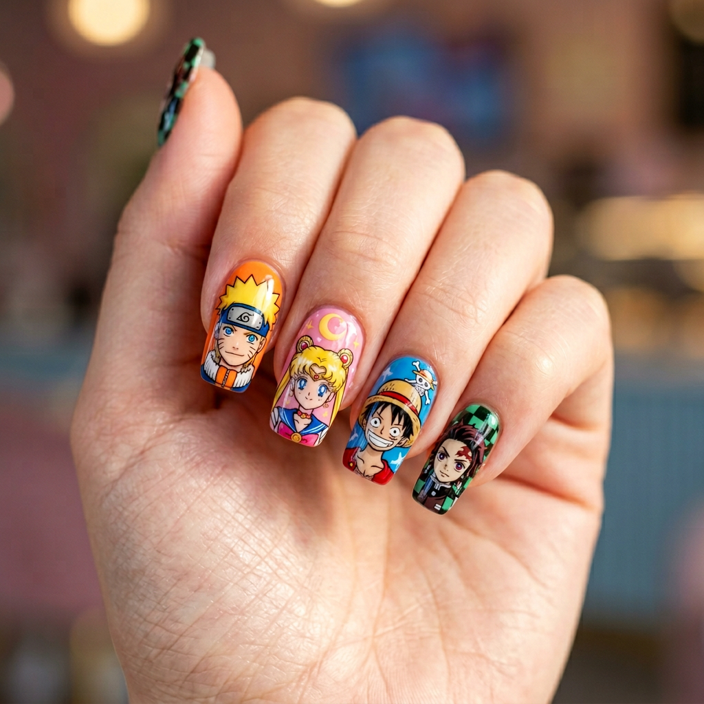 Anime-inspired nail art featuring intricate character designs and vibrant colors, with a glossy finish and possibly some hand-painted details or decals to capture the essence of your favorite anime.