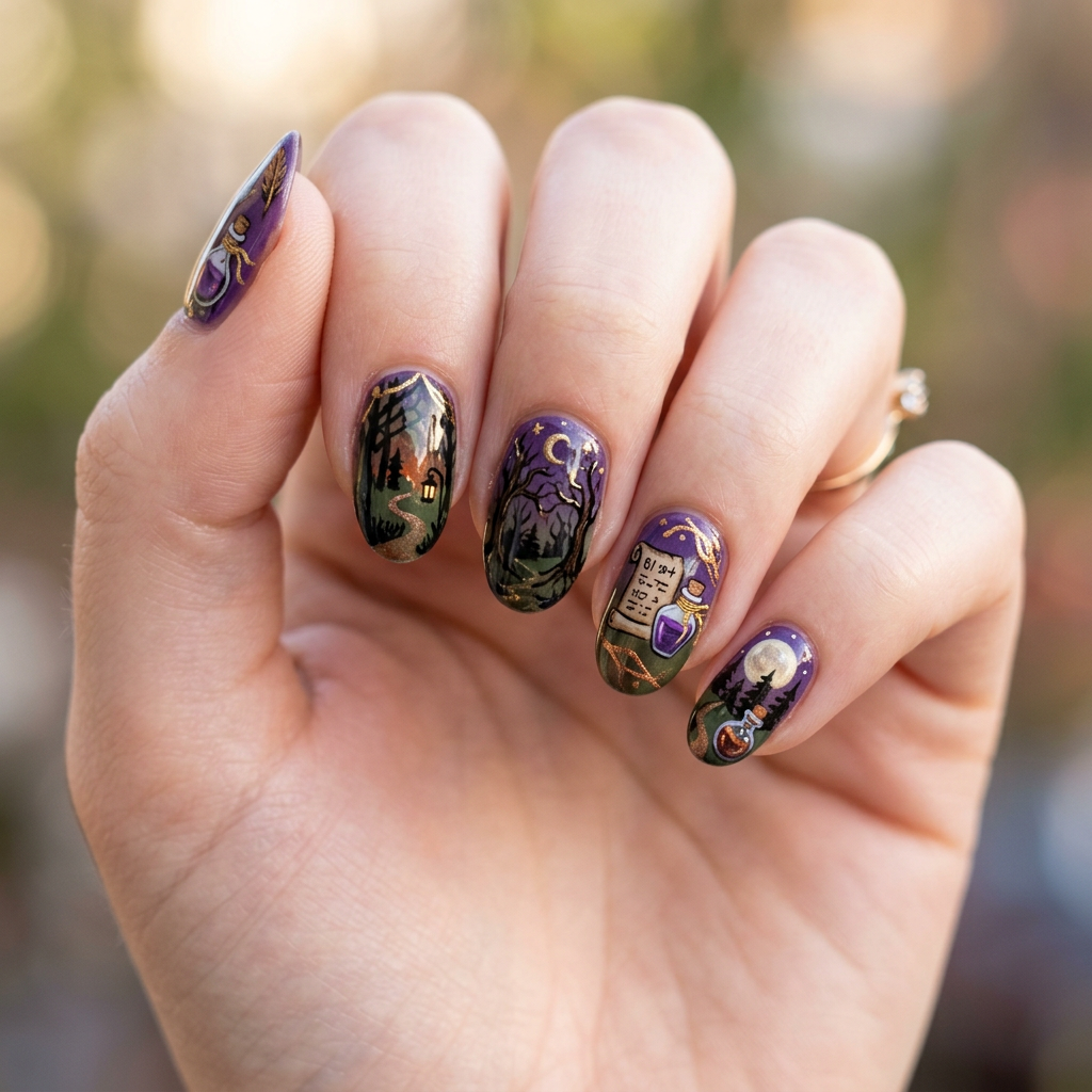 Create a mystical nail art design featuring deep purple and earth tones with motifs of dark forests, potion bottles, and enchanted scrolls. Use metallic accents to add a touch of magic and mystery., minimal elegant style