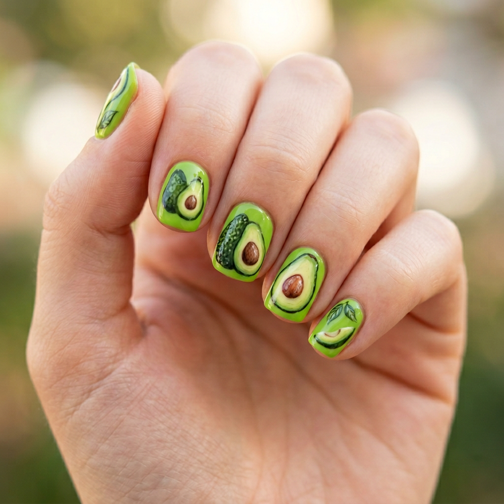 Avocado nail art featuring a vibrant green background with hand-painted avocado designs on each nail, showcasing the fruit's texture and color.