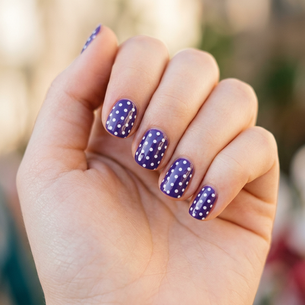 Violet flowers with polka dots design on the nails, featuring a glossy finish.