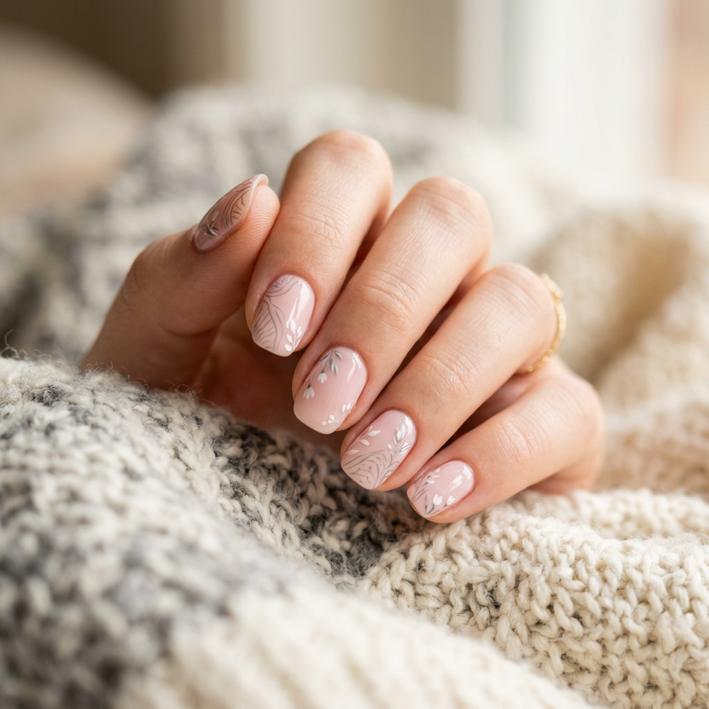 Create soft, pastel nail art with a blush pink base, incorporating subtle grey line art designs to mirror the patterns on the pants. Add small, delicate white floral accents for a cozy and relaxed vibe.