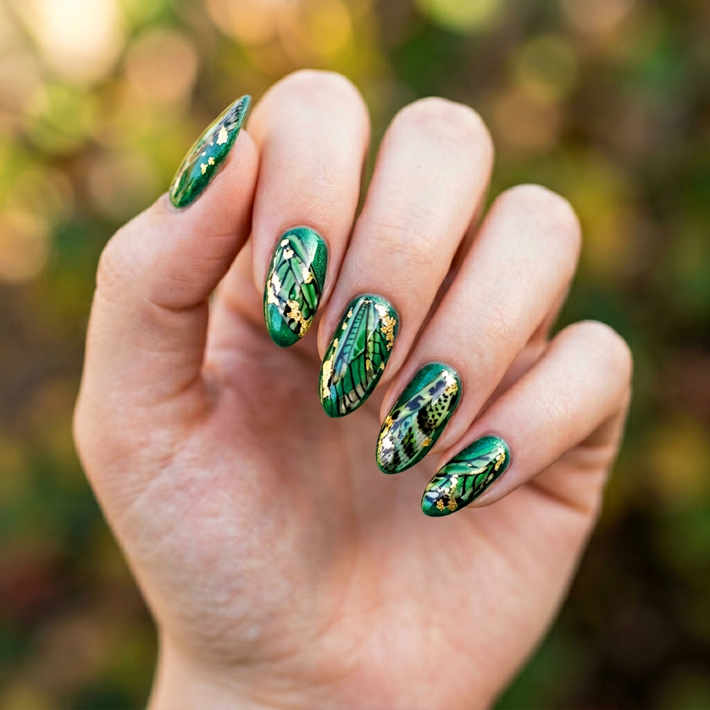 Nail art inspired by hoppers featuring a vibrant green base with intricate patterns resembling the wings of grasshoppers, accented with gold foil details and a glossy finish.