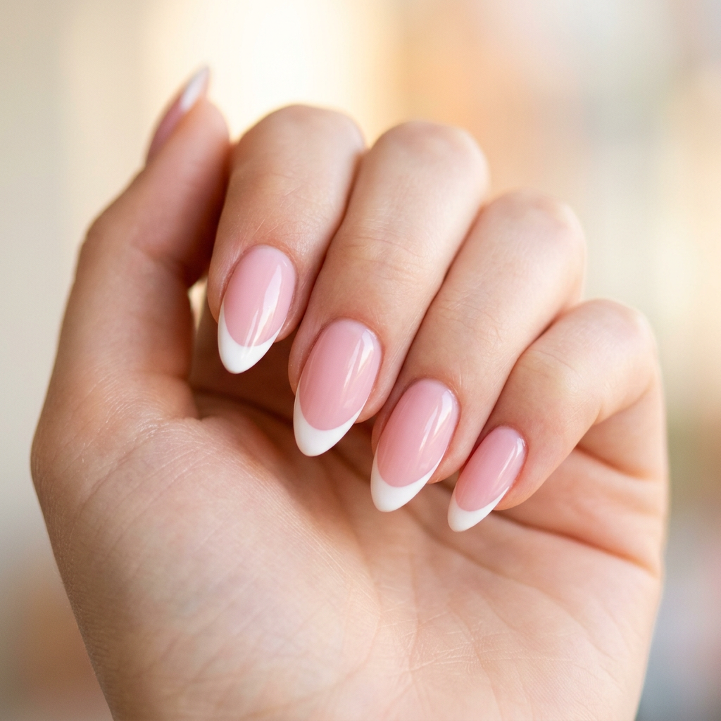 Classic pink French tips featuring a soft pastel pink base with a glossy white tip, elegantly shaped in an almond style.