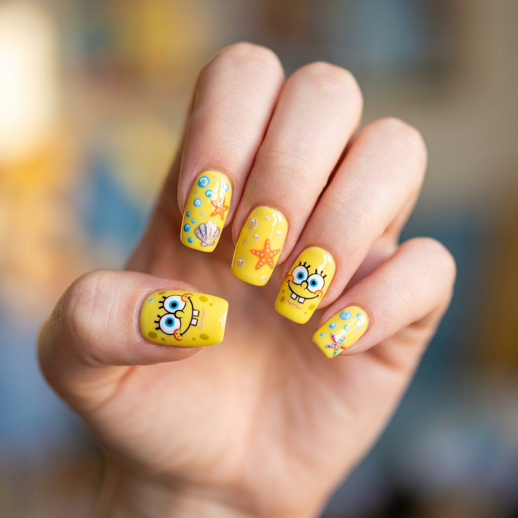 Create a fun nail art design inspired by Spongebob, featuring bright yellow nails with a glossy finish, adorned with hand-painted Spongebob faces on accent nails, and playful sea-themed elements like bubbles and starfish in vibrant colors.