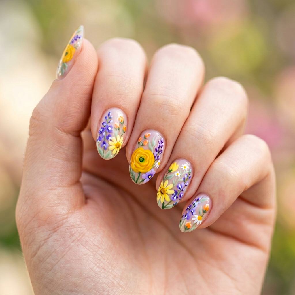 Create a nail art design featuring bold yellow and purple florals, with accents of soft green and hints of orange to reflect a vibrant spring bouquet.