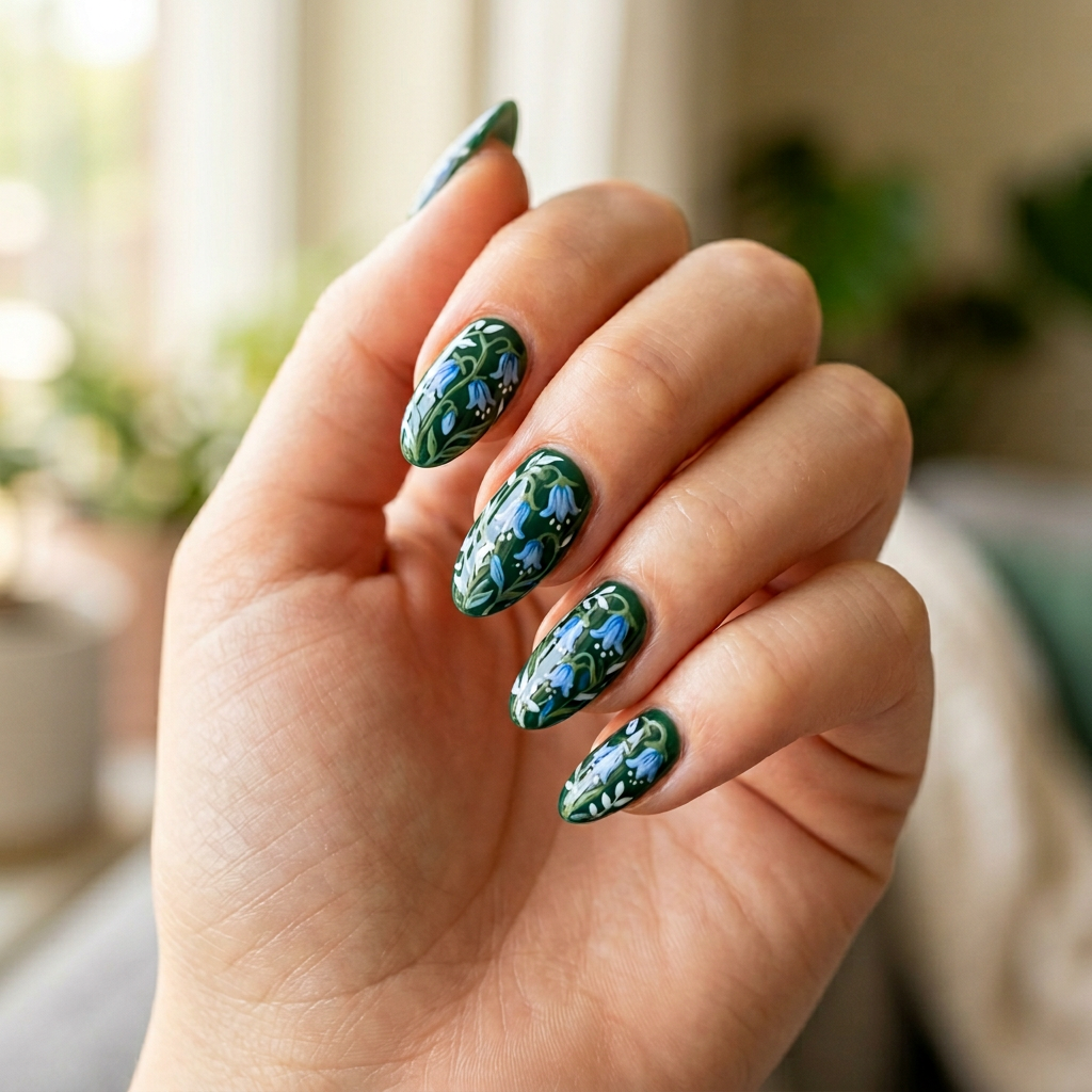 Green nails featuring delicate blue bell flower designs, creating a charming floral pattern.
