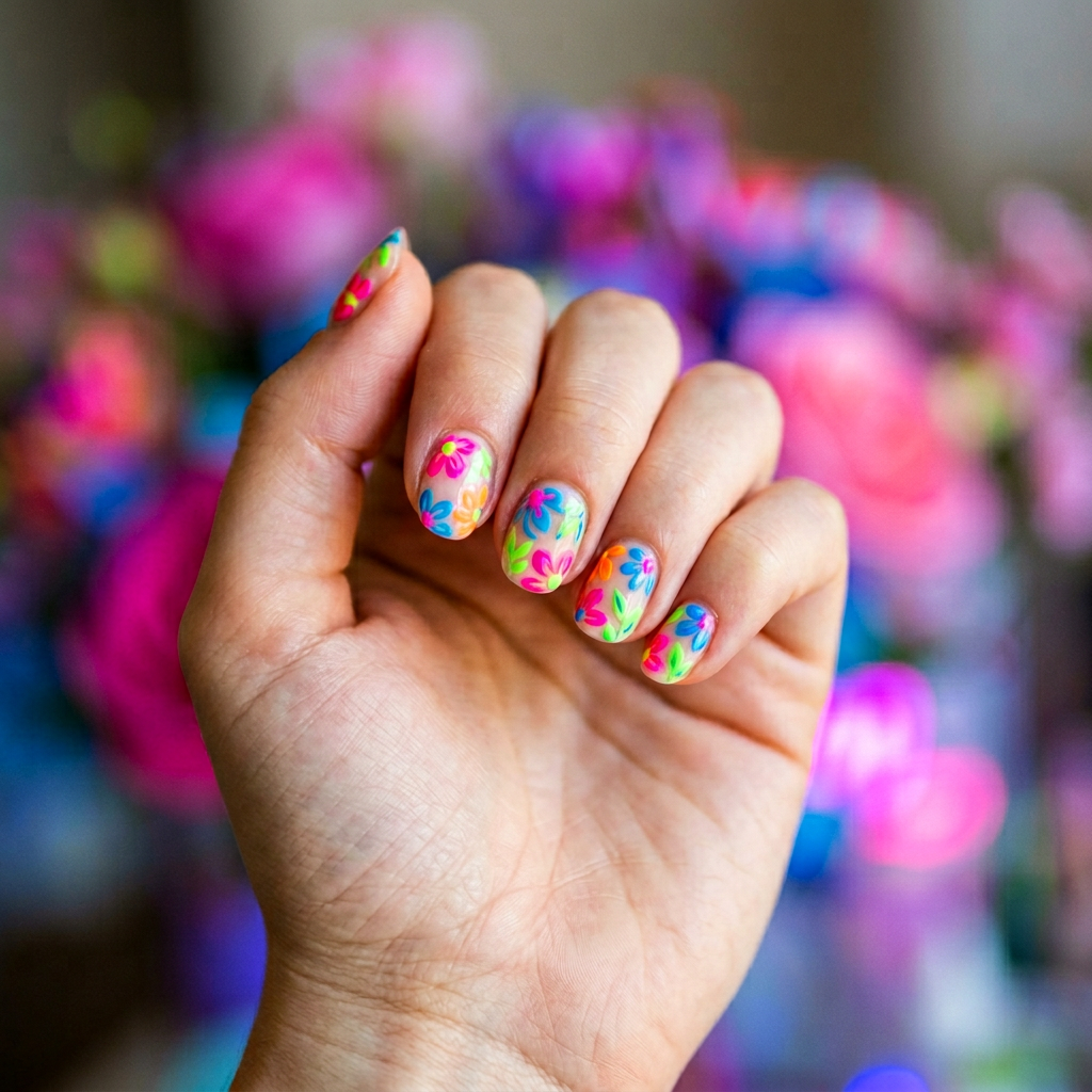 Neon flowers on a neon background, featuring vibrant colors and bold designs that pop against a bright base.