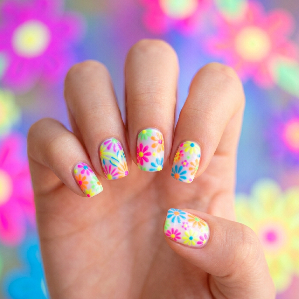 Neon flowers on a neon background, featuring vibrant colors and bold designs that pop against a bright base.